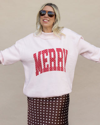 Merry red polka dot graphic mockneck sweatshirt in light pink, Christmas boutique style