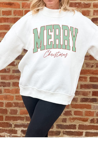 Merry Christmas Stripes Mockneck Sweatshirt in white styled with black leggings - Limeberry Designs