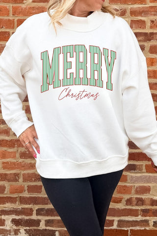 Merry Christmas Stripes Mockneck Sweatshirt in white with green candy stripe letters - Limeberry Designs