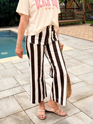 Mica Brown & White Striped Cropped Wide Leg Denim - Limeberry Designs