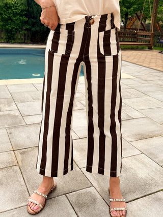 Mica Brown & White Striped Cropped Wide Leg Denim - Limeberry Designs