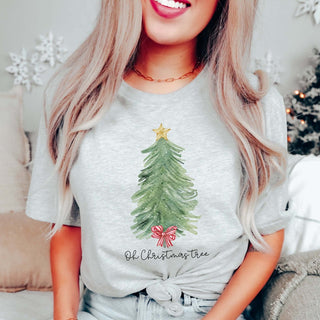 Oh Christmas Tree Red Striped Bow Bella Graphic Tee - Limeberry Designs