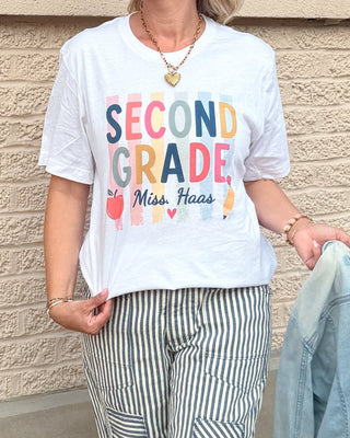 Personalized Grade Level Colorful Stripe Teacher Bella Graphic Tee - Limeberry Designs