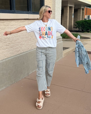 Personalized Grade Level Colorful Stripe Teacher Bella Graphic Tee - Limeberry Designs