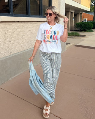 Personalized Grade Level Colorful Stripe Teacher Bella Graphic Tee - Limeberry Designs
