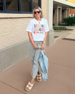Personalized Grade Level Colorful Stripe Teacher Bella Graphic Tee - Limeberry Designs