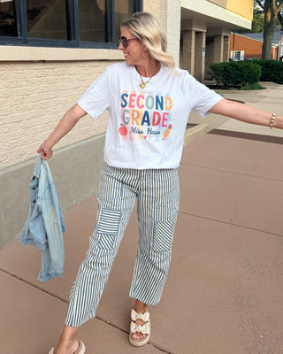 Personalized Grade Level Colorful Stripe Teacher Bella Graphic Tee - Limeberry Designs