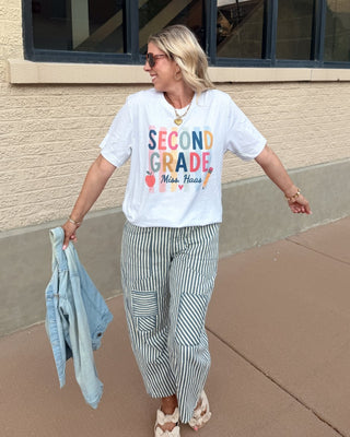 Personalized Grade Level Colorful Stripe Teacher Bella Graphic Tee - Limeberry Designs