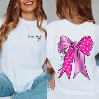 Personalized Large Bow Comfort Color Tee With Front And Back Design - Limeberry Designs