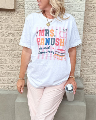 Personalized Teacher Name and School with Stripes Bella Graphic Tee - Limeberry Designs