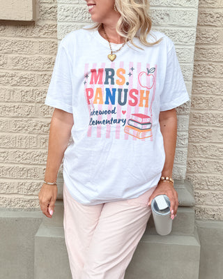 Personalized Teacher Name and School with Stripes Bella Graphic Tee