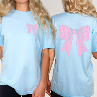 Pink Striped Bow Front & Back Comfort Color Tee - Limeberry Designs