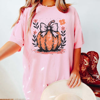 Pumpkin Bow Coral & Orange Comfort Color Graphic Tee - Limeberry Designs