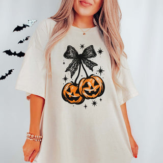 Pumpkin Cherries Lace Bow Comfort Color Graphic Tee - Limeberry Designs