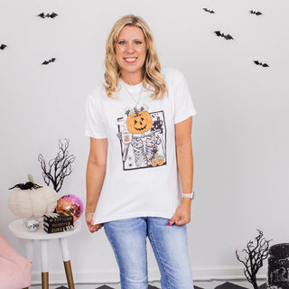 Pumpkin Skeleton Holding Coffee Comfort Color Wholesale Graphic Tee - Quick Shipping - Limeberry Designs