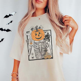 Pumpkin Skeleton Holding Coffee Comfort Color Wholesale Graphic Tee - Quick Shipping - Limeberry Designs