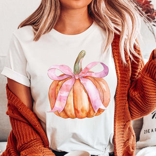 Pumpkin With Pink Bow Bella Graphic Tee - Limeberry Designs