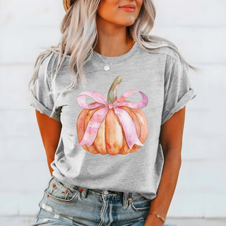 Pumpkin With Pink Bow Bella Graphic Tee - Limeberry Designs