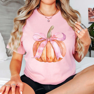 Pumpkin With Pink Bow Wholesale Bella Graphic Tee - Fast Shipping - Limeberry Designs