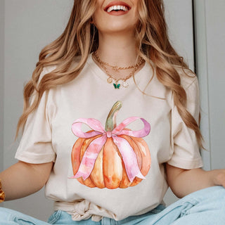 Pumpkin With Pink Bow Wholesale Bella Graphic Tee - Fast Shipping - Limeberry Designs