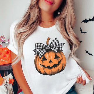 Pumpkin With White Black Bow Bella Graphic Tee - Limeberry Designs