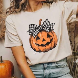Pumpkin With White Black Bow Bella Graphic Tee - Limeberry Designs