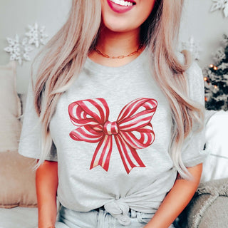 Red Striped Christmas Bow Bella Graphic Tee - Limeberry Designs