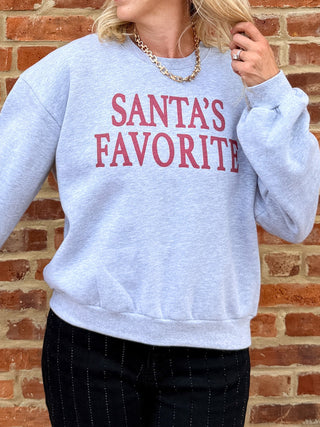 Christmas sweatshirt for mom with gathered balloon sleeves and Santa's Favorite design