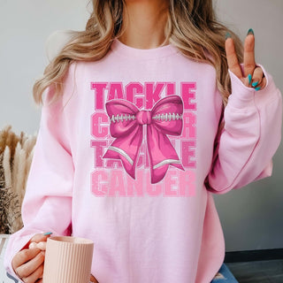 Tackle Cancer Football Bow Graphic Sweatshirt - Limeberry Designs