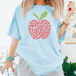 Teacher in Apple and Flowers Comfort Color Graphic Tee - Limeberry Designs