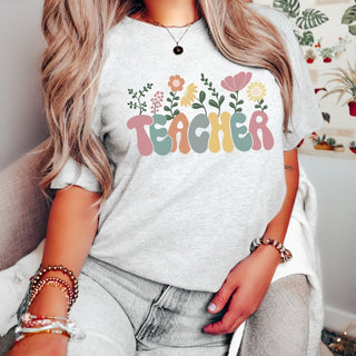 Teacher Pastel Flowers Bella Graphic Tee - Limeberry Designs