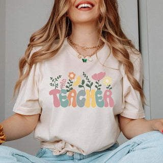 Teacher Pastel Flowers Bella Graphic Tee - Limeberry Designs