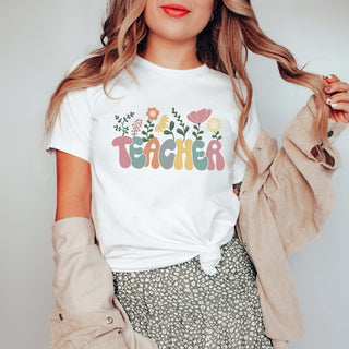 Teacher Pastel Flowers Bella Graphic Tee - Limeberry Designs