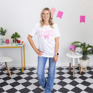 Teacher Pink with Glitter Bow Bella Graphic Tee - Limeberry Designs