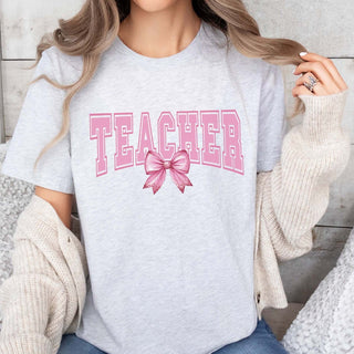 Teacher Pink with Glitter Bow Bella Graphic Tee - Limeberry Designs