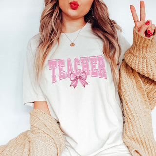 Teacher Pink with Glitter Bow Bella Graphic Tee - Limeberry Designs