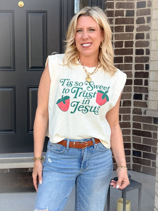 Tis So Sweet To Trust In Jesus Sleeveless Graphic Tee - Limeberry Designs