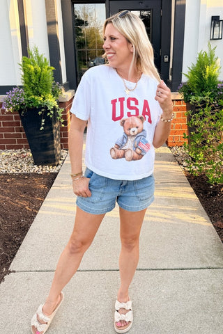 USA Flag Bear Boxy Comfort Color Graphic Tee - Limeberry Designs
