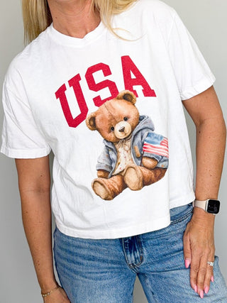 USA Flag Bear Boxy Comfort Color Graphic Tee - Limeberry Designs