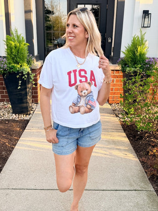 USA Flag Bear Boxy Comfort Color Graphic Tee - Limeberry Designs