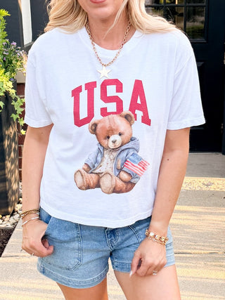 USA Flag Bear Boxy Comfort Color Graphic Tee - Limeberry Designs