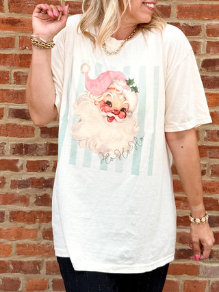 Retro vintage Santa Christmas shirt for women with green stripe accent