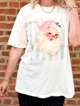 Vintage Santa Ho Ho Ho tee with green stripe on Comfort Colors cotton in ivory
