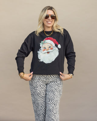 Vintage Santa red hat graphic mockneck sweatshirt in black, Christmas boutique style