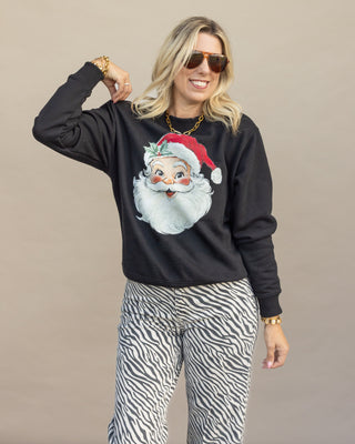 Vintage Santa red hat graphic mockneck sweatshirt in black, Christmas boutique style