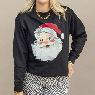 Vintage Santa red hat graphic mockneck sweatshirt in black, Christmas boutique style