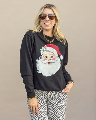 Vintage Santa red hat graphic mockneck sweatshirt in black, Christmas boutique style