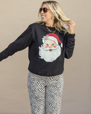 Vintage Santa red hat graphic mockneck sweatshirt in black, Christmas boutique style