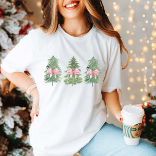 Watercolor Christmas Trees With Pink Bows Bella Graphic Tee - Limeberry Designs