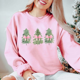 Watercolor Christmas Trees With Pink Bows Graphic Sweatshirt - Limeberry Designs